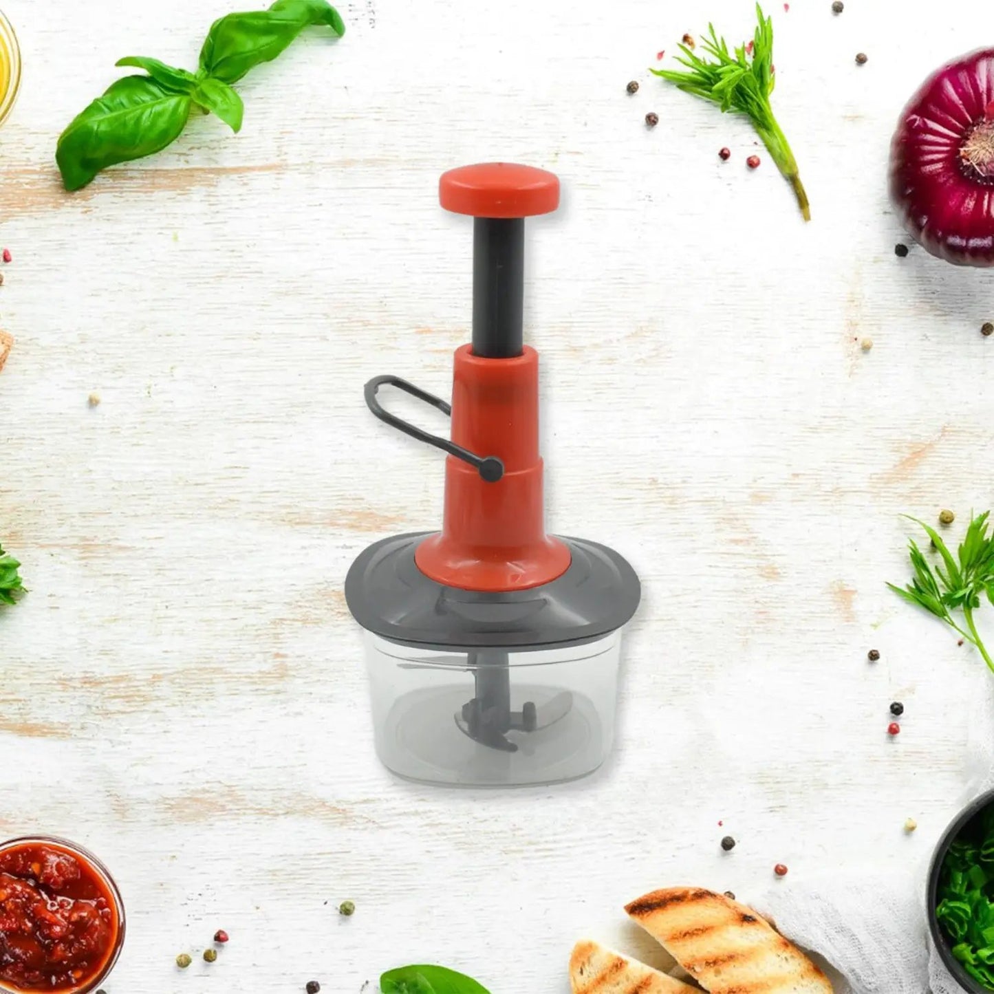 5790 Manual Press Fruit Vegetable Chopper With 3 Stainless Steel Blades Anti-slip Base And Locking System Cutting Chopper For Kitchen (650 Ml) - Loopni