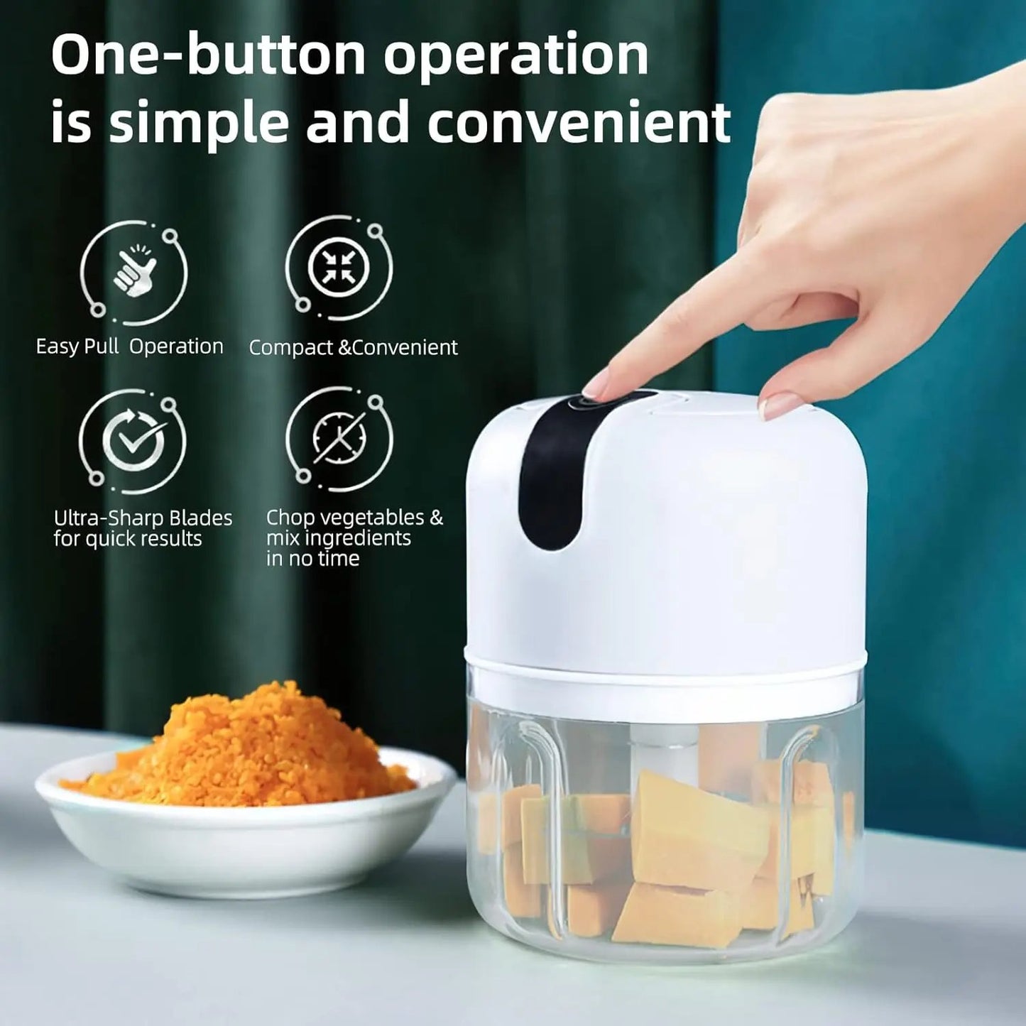 Wireless Usb Rechargeable Mini Electric Garlic Machine  Chopper 3 Blades (250ml) - Loopni